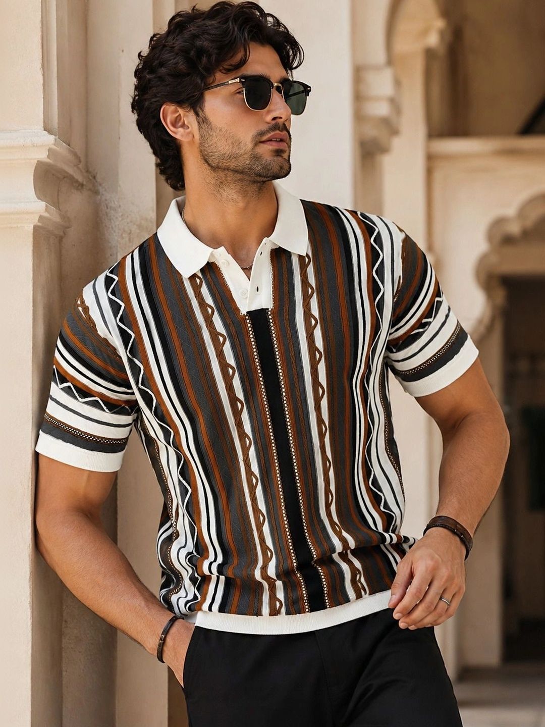Raimbera Men Striped Polo Collar T-shirt
