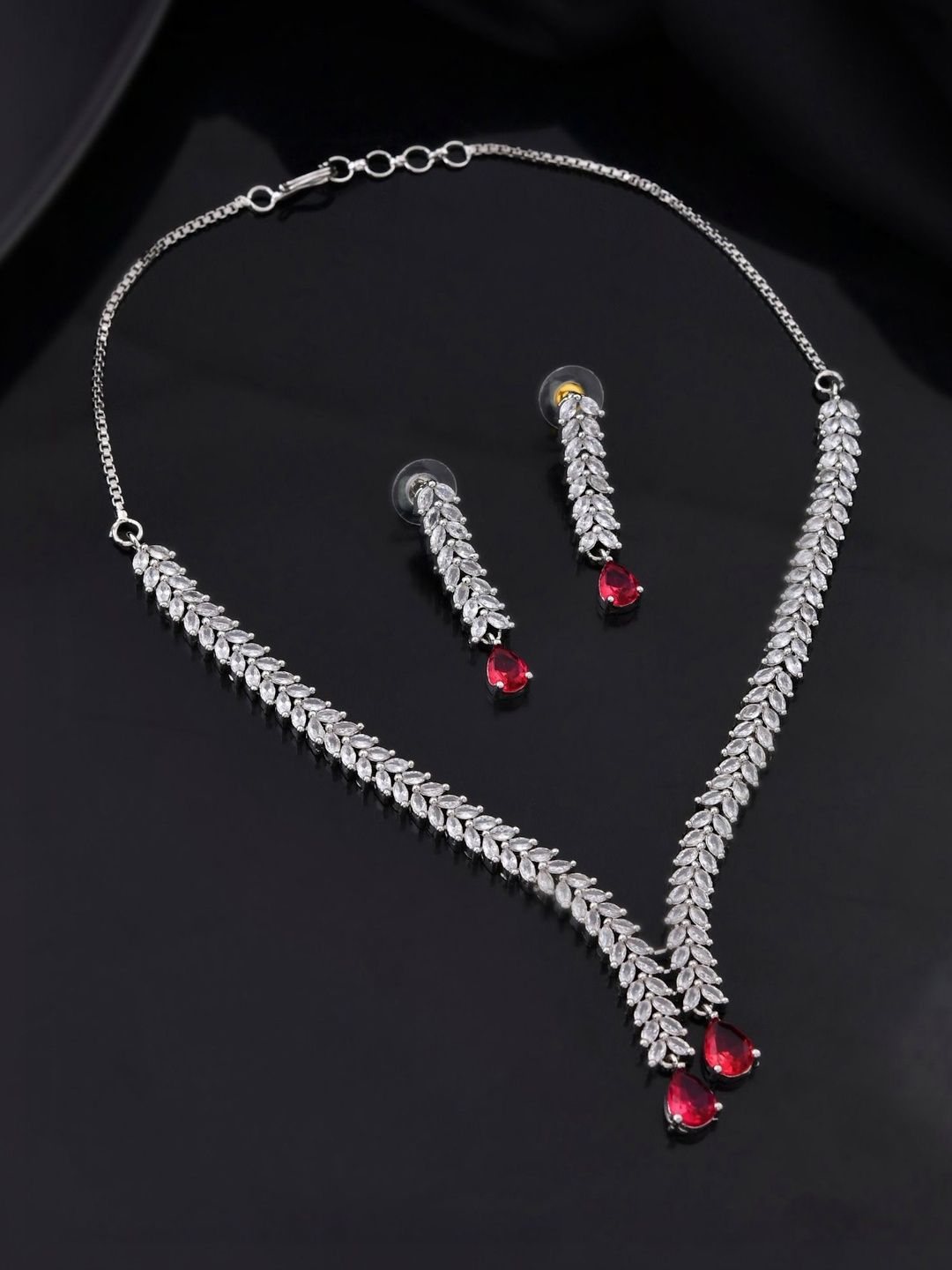 DressBerry Stainless Steel Silver-Plated American Diamond Studded Necklace and Earrings