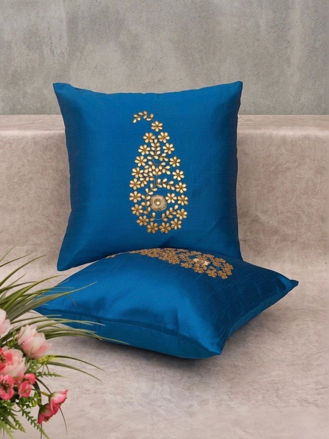 Buy RoyalDeco Blue 2 Pieces Ethnic Motifs Silk Cushion Covers -  - Home for Unisex