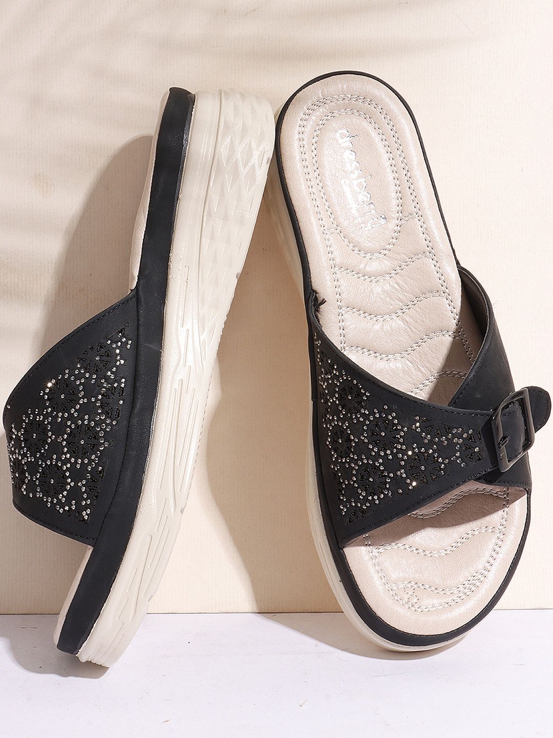 DressBerry Women Black Embellished Open Toe Flats with Buckles