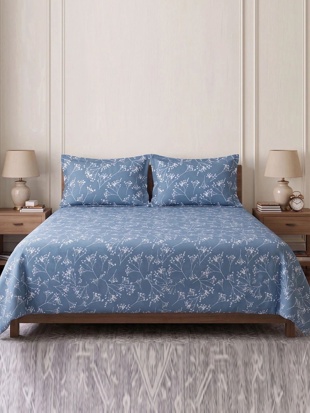 SKYLA Blue & White Floral 400TC Cotton King Size Bedsheet & 2 Pillow Covers 108 x 108 Inch