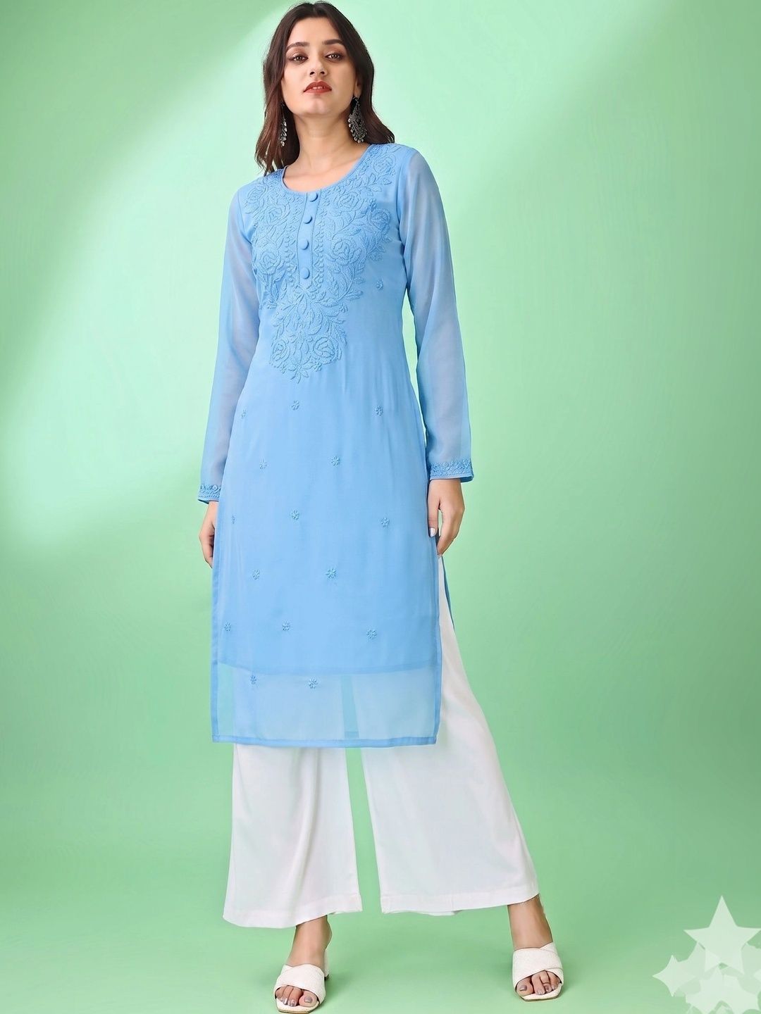 HESVI Ethnic Motifs Embroidered Chikankari Pure Georgette Chikankari Kurti
