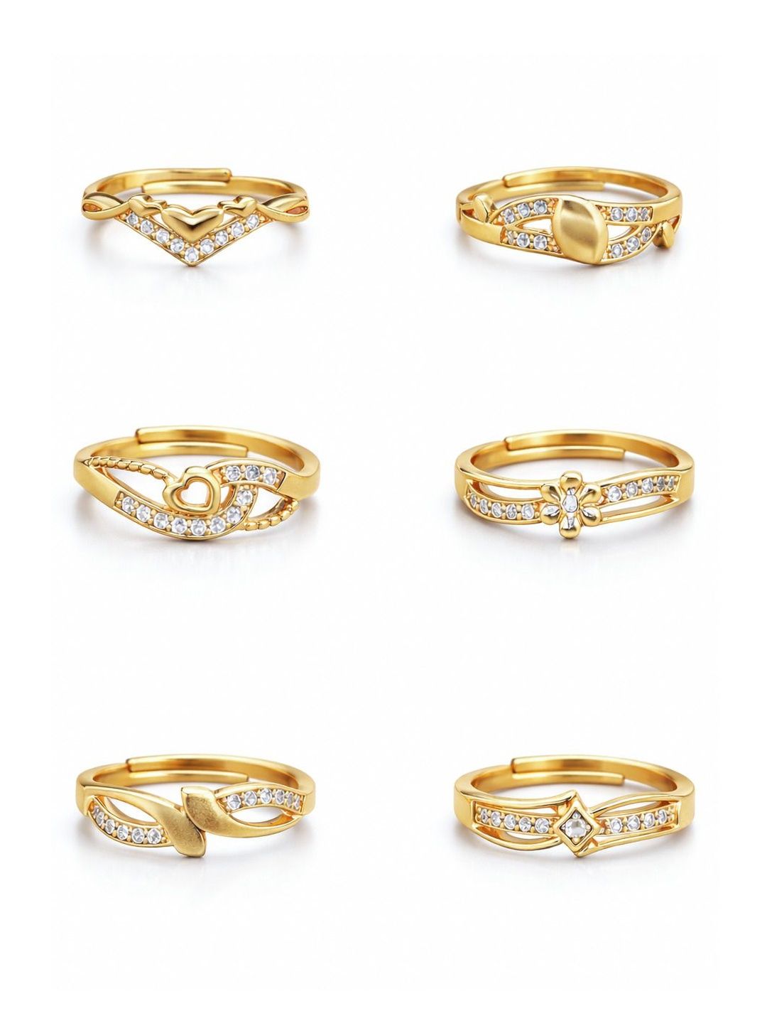 DressBerry Set of 6 Gold-Plated American Diamond Finger Ring