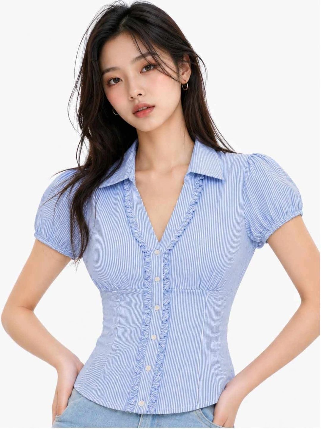 EZLIA Striped Puff Sleeve Ruffles Top
