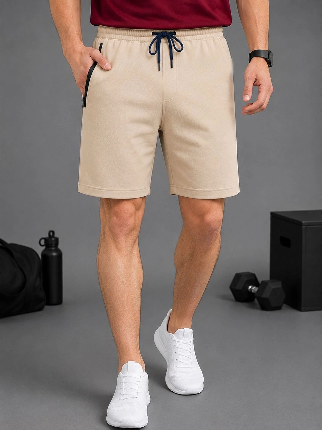 RETWE Men Regular Fit Zipper Pocket Sports Running Shorts