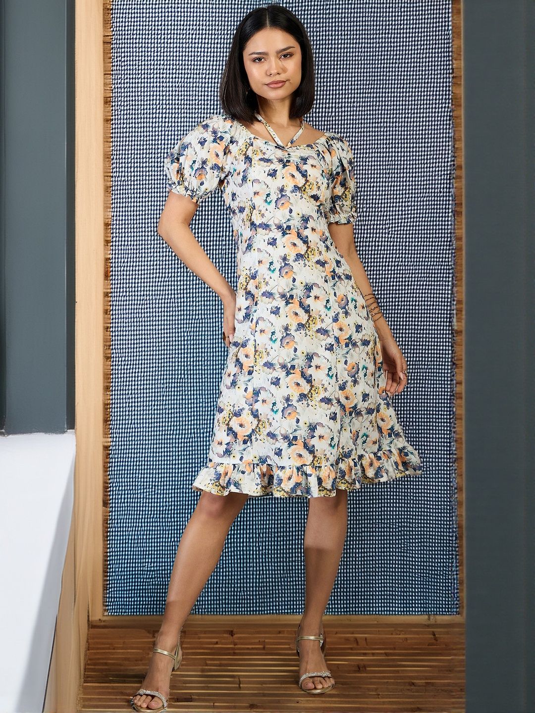 DressBerry Floral Print Halter Neck Fit & Flare Midi Dress