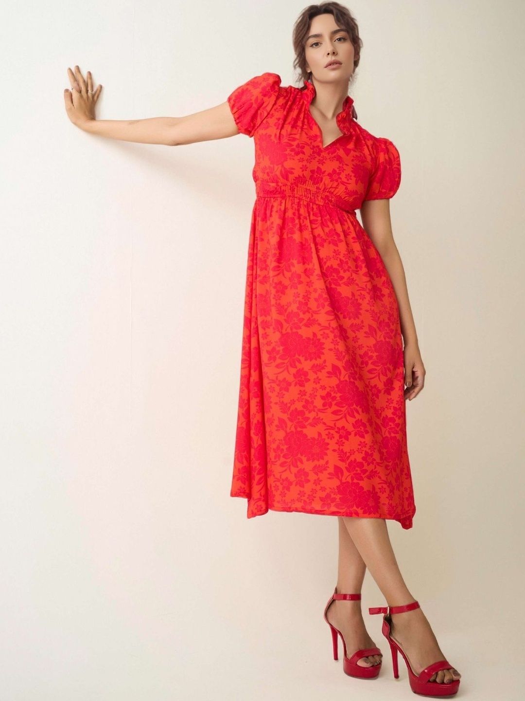 DressBerry Women Floral Print Puff Sleeve Fit & Flare Midi Dress