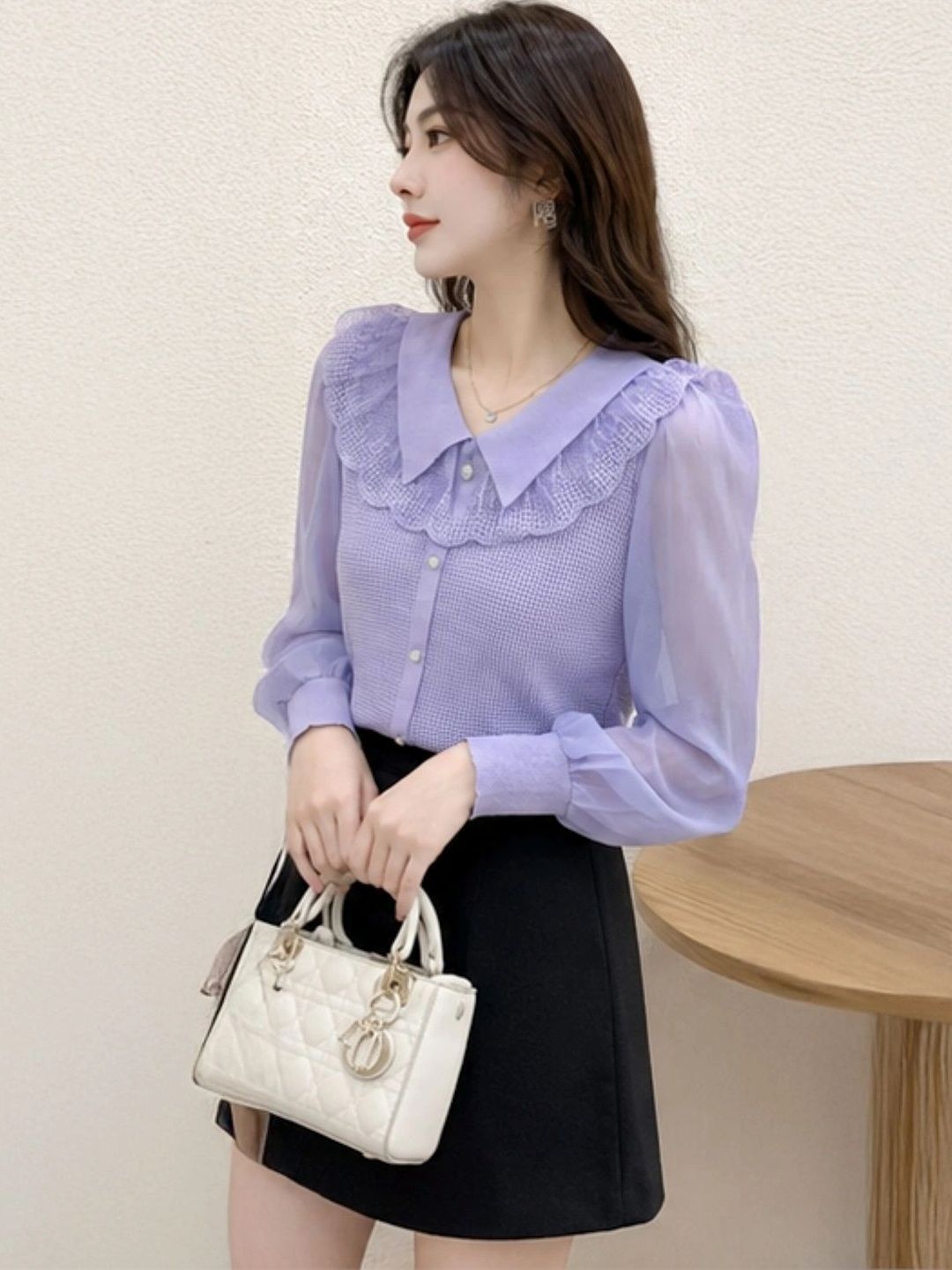 KPOP Women Peter Pan Collar Long Sleeves Top