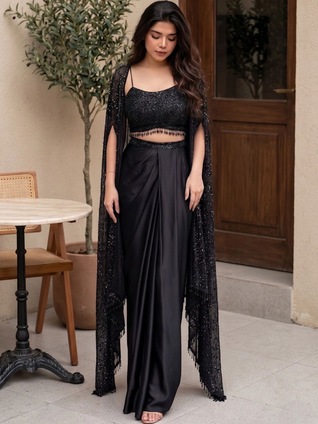 STARLY Embroidered Crop Top With Skirt & Shrug Co-Ords