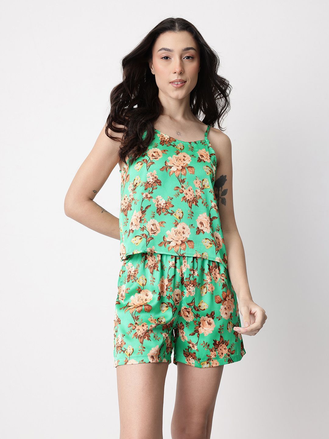 Mast & Harbour Floral Printed Shoulder Straps Satin Shorts Set