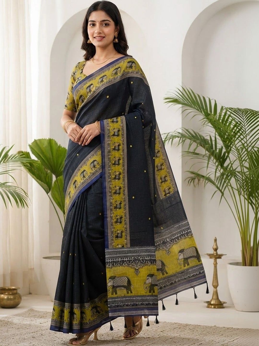 MEHARIKA Floral Pure Linen Khadi Saree