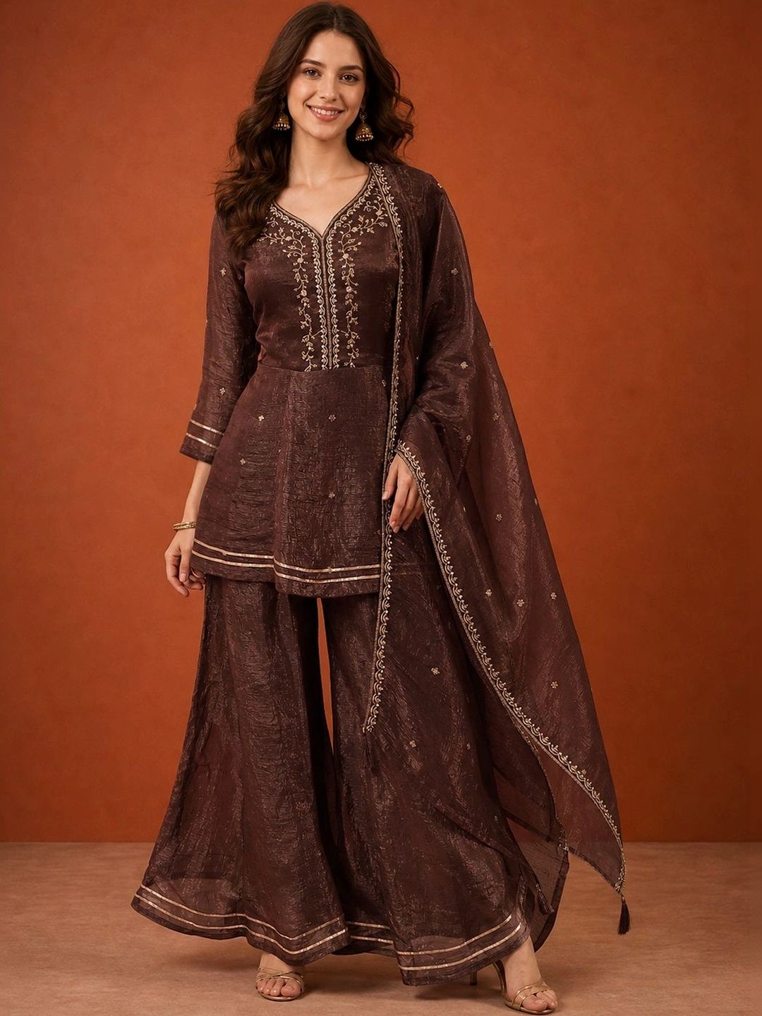KALINI Women Ethnic Motifs Embroidered Regular Thread Work Kurta with Sharara & With Dupatta