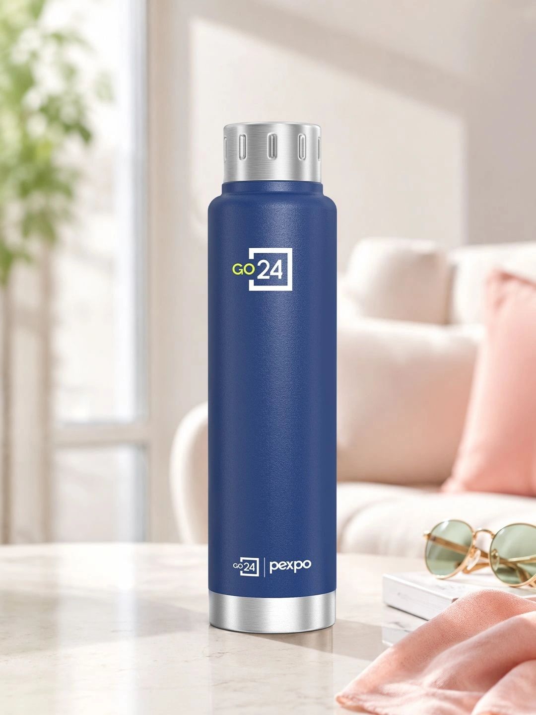 Go24 Cameo Navy Blue Solid Stainless Steel Spill Proof Flask - 500ml