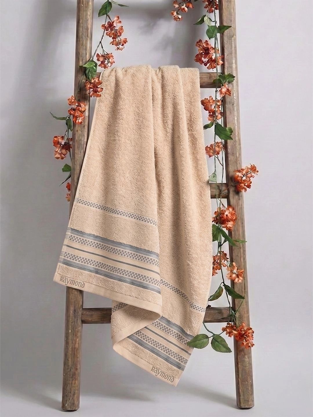 Raymond Home Peach-Coloured 1 Striped Cotton 350 GSM Bath Towel
