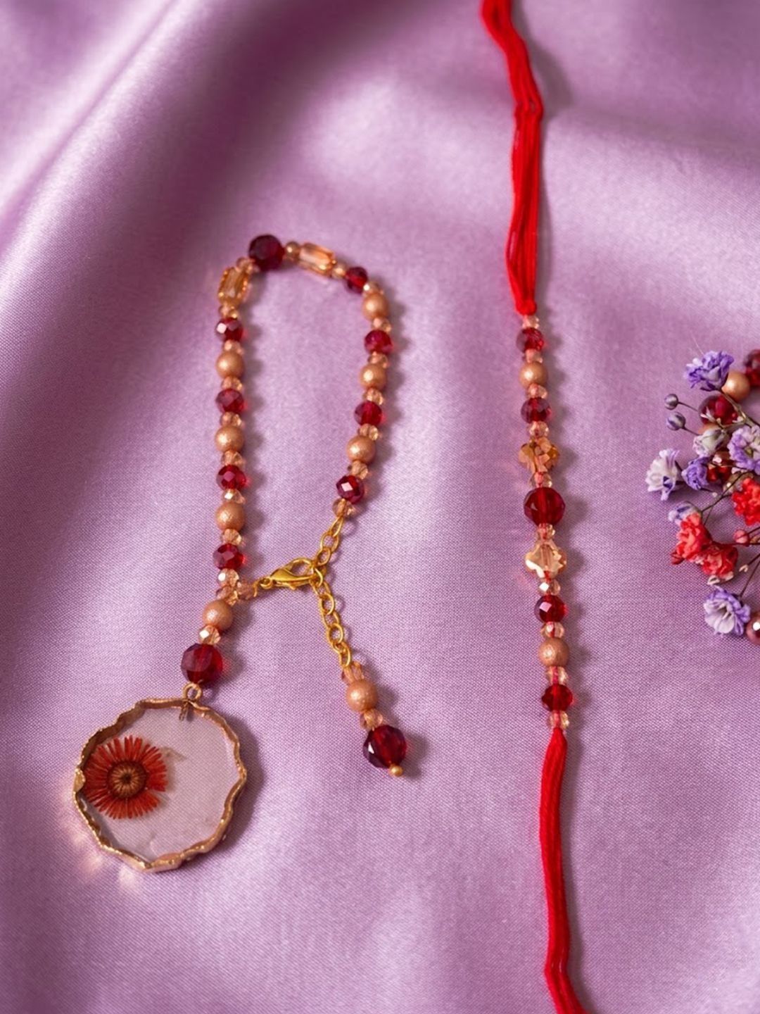 Buy NVR Set Of 2 Gold Toned Red Artificial Beads Bhaiya Bhabhi Rakhi With Roli Chawal -  - Accessories for Unisex