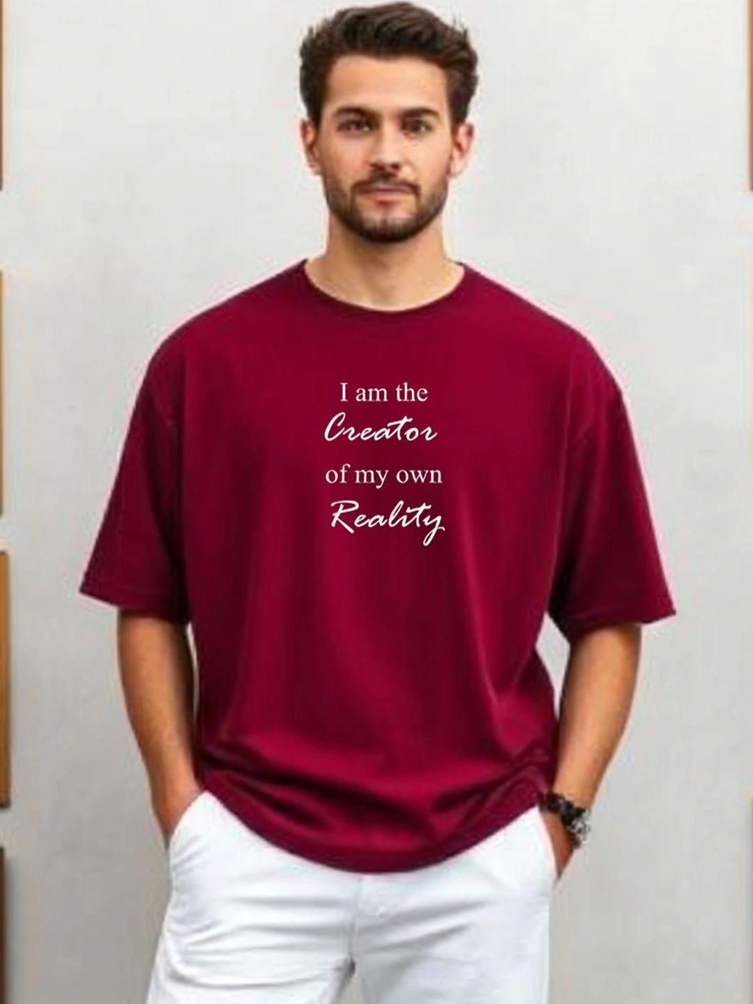 Burgundy Typography Printed Oversized T-shirt