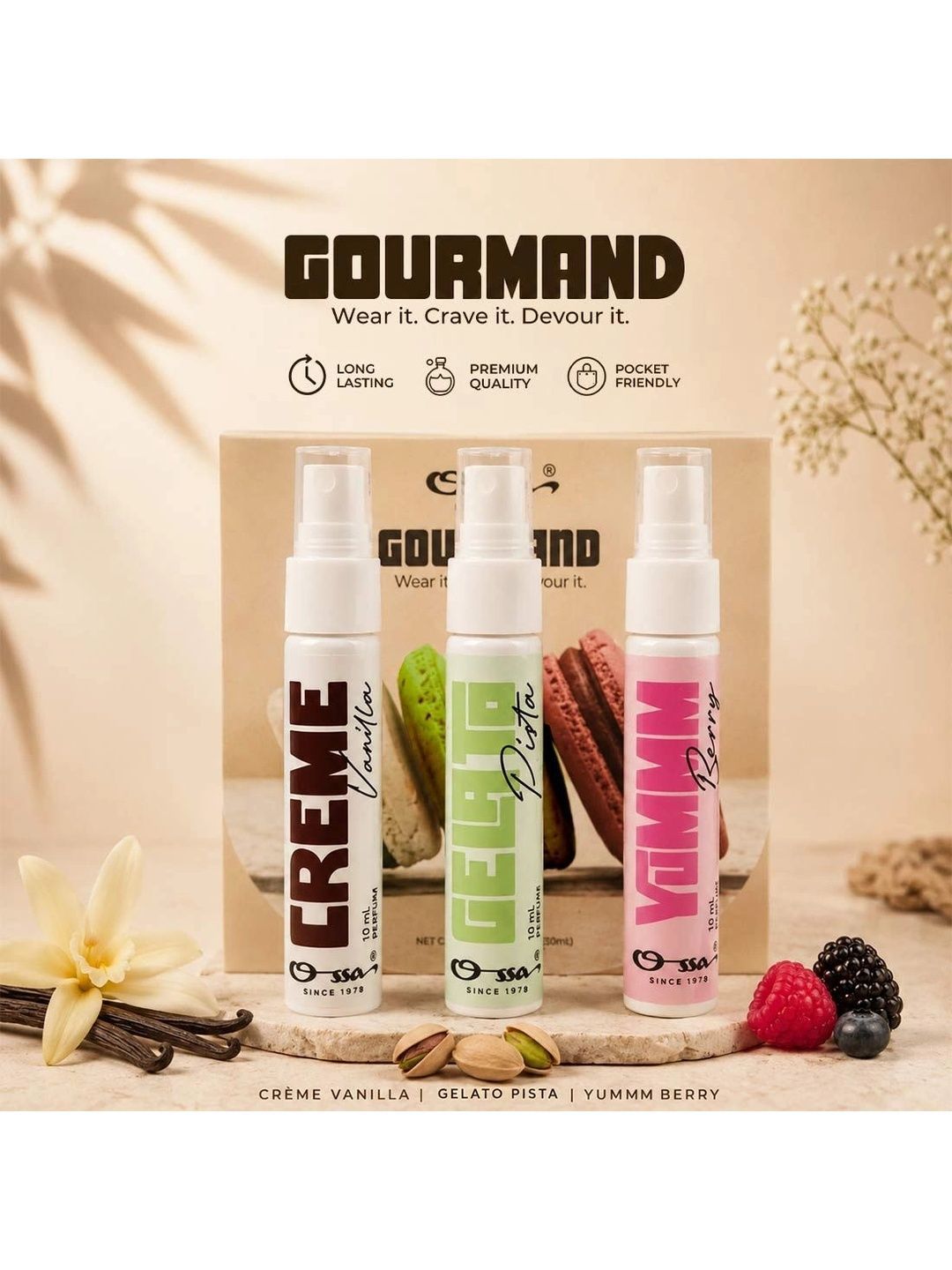 Ossa Set Of 3 Gourmand Vanilla, Pista & Berry Long Lasting Eau de Parfum - 10 ml Each
