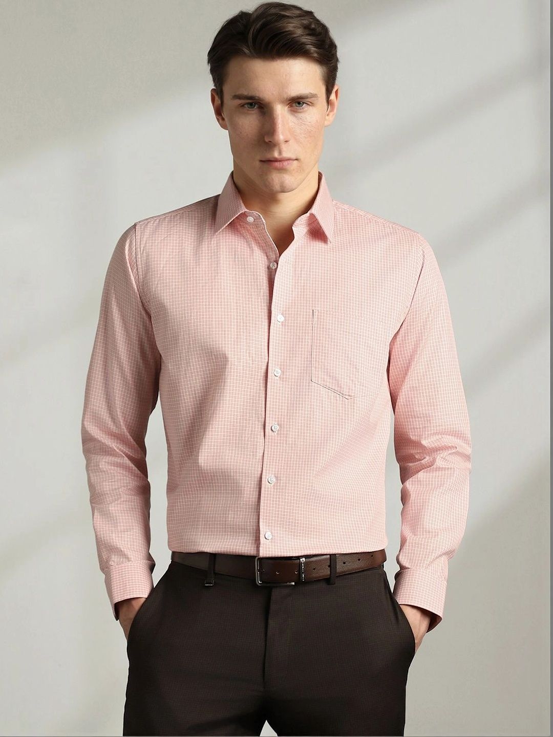 Van Heusen Men Pink Slim Fit Checked Formal Shirt