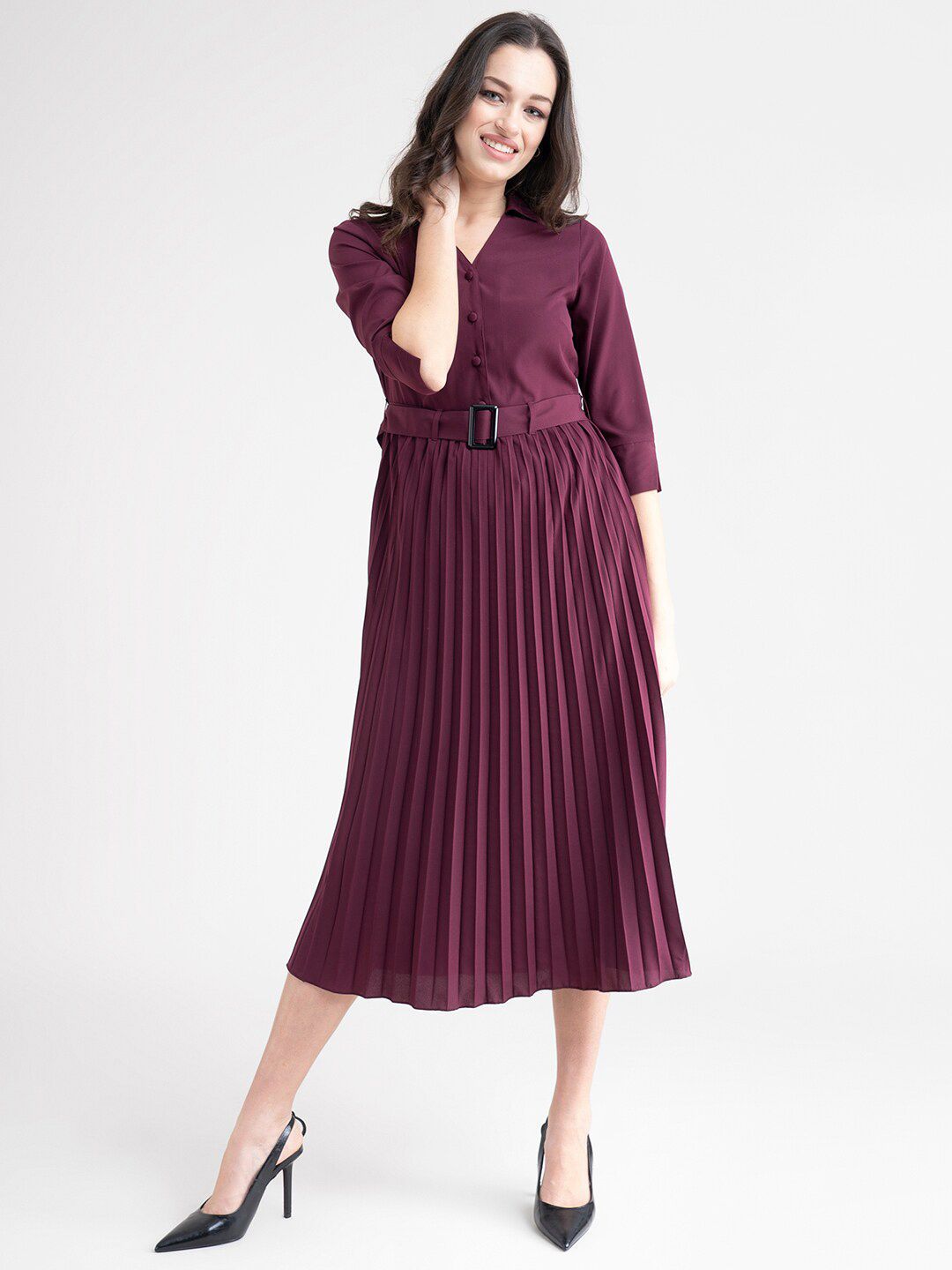 Maroon Striped A-Line Midi Women Dress 5