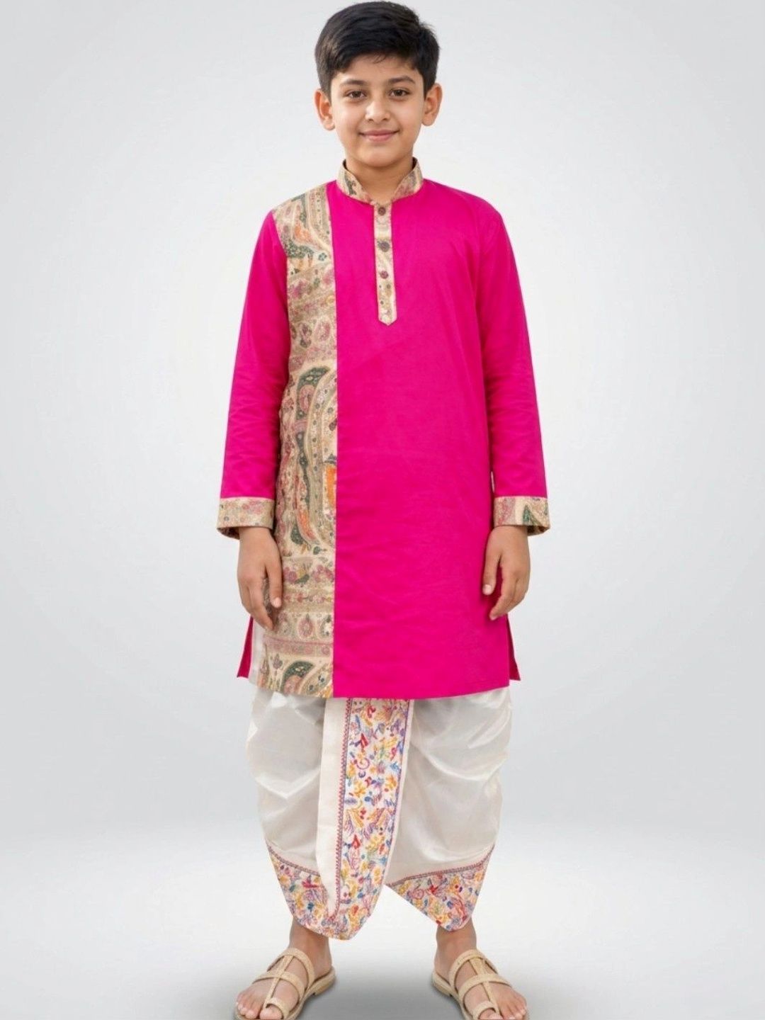 GOURI COLLECTIONS Boys Madhubani Printed Cotton Kurta with Dupion Silk Dhoti Set