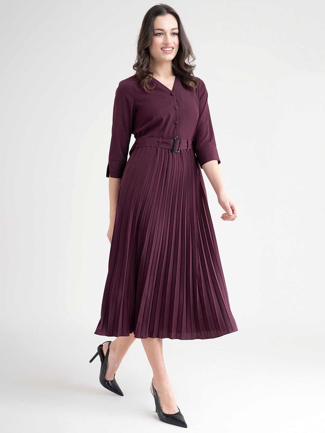 Maroon Striped A-Line Midi Women Dress 3