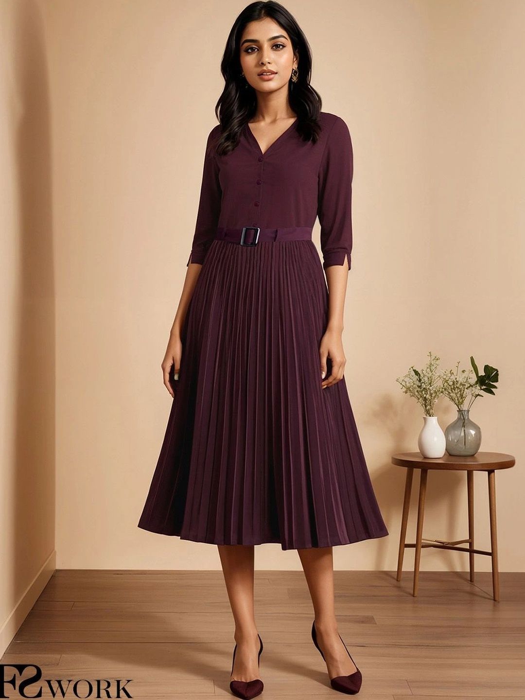 Maroon Striped A-Line Midi Women Dress