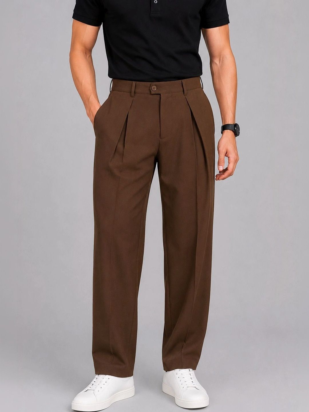 HERE&NOW Men Relaxed High-Rise Easy Wash Pleated Trousers