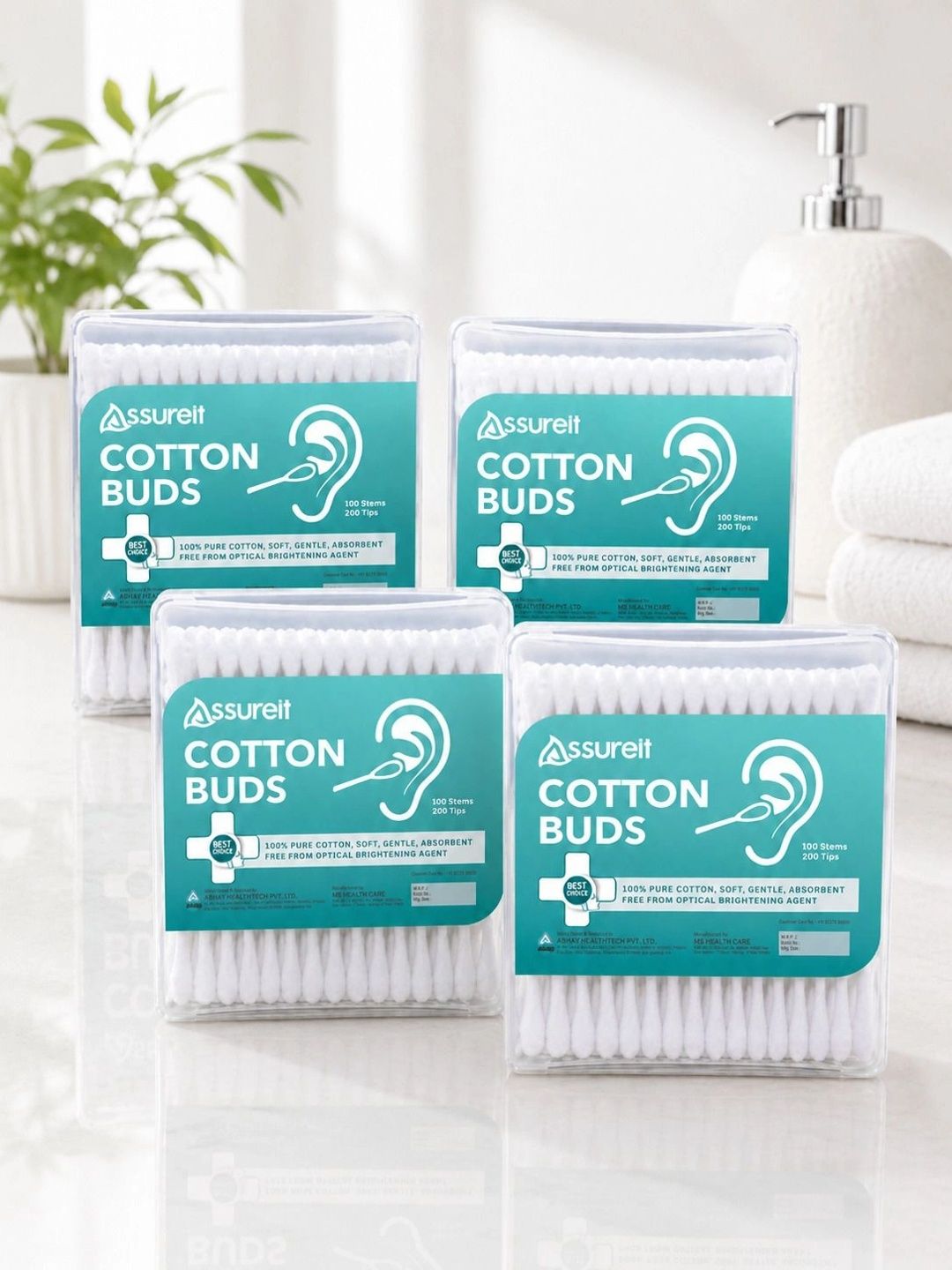 Assure Set Of 4 Premium Cotton Ear Buds For Beauty & Hygiene - 100 Buds Each
