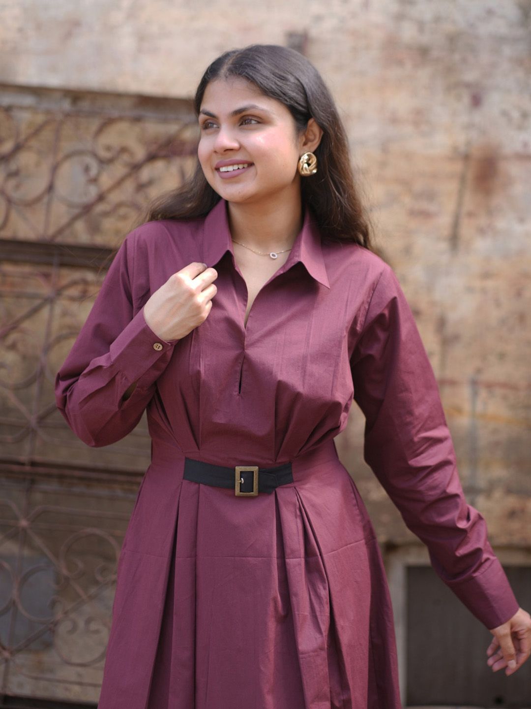 Niyatee Wine Belted Shirt Collar Maxi Dress for Women