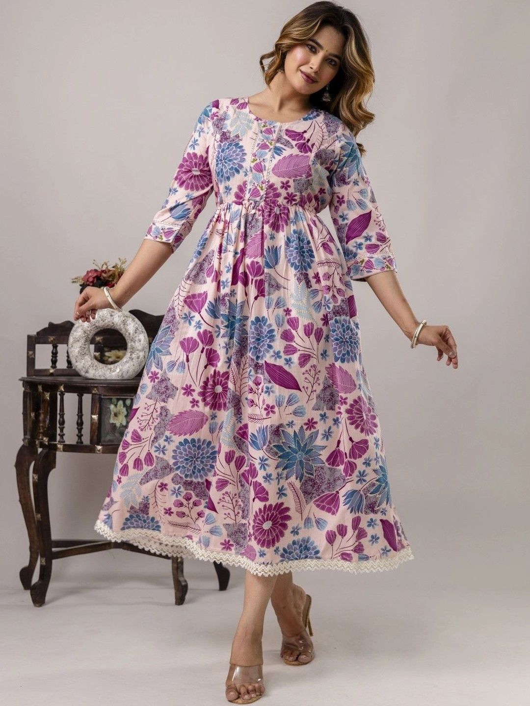 Sangria Printed Round Neck Fit & Flare Maternity Ethnic Dresses