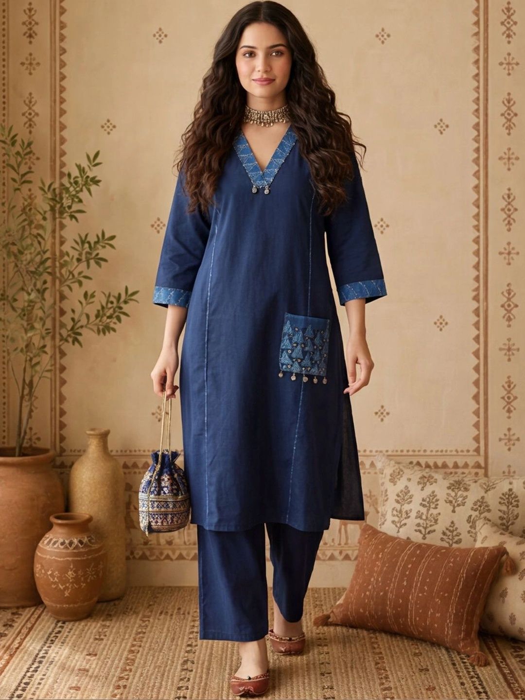 Anouk Women Ethnic Motifs Regular Sequinned Pure Cotton Kurta with Palazzos