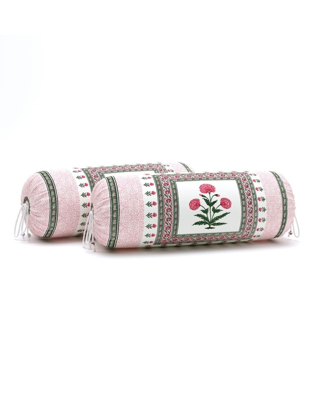 BLOCKS OF INDIA 2-Pcs Pink & Green Printed Bolster Covers