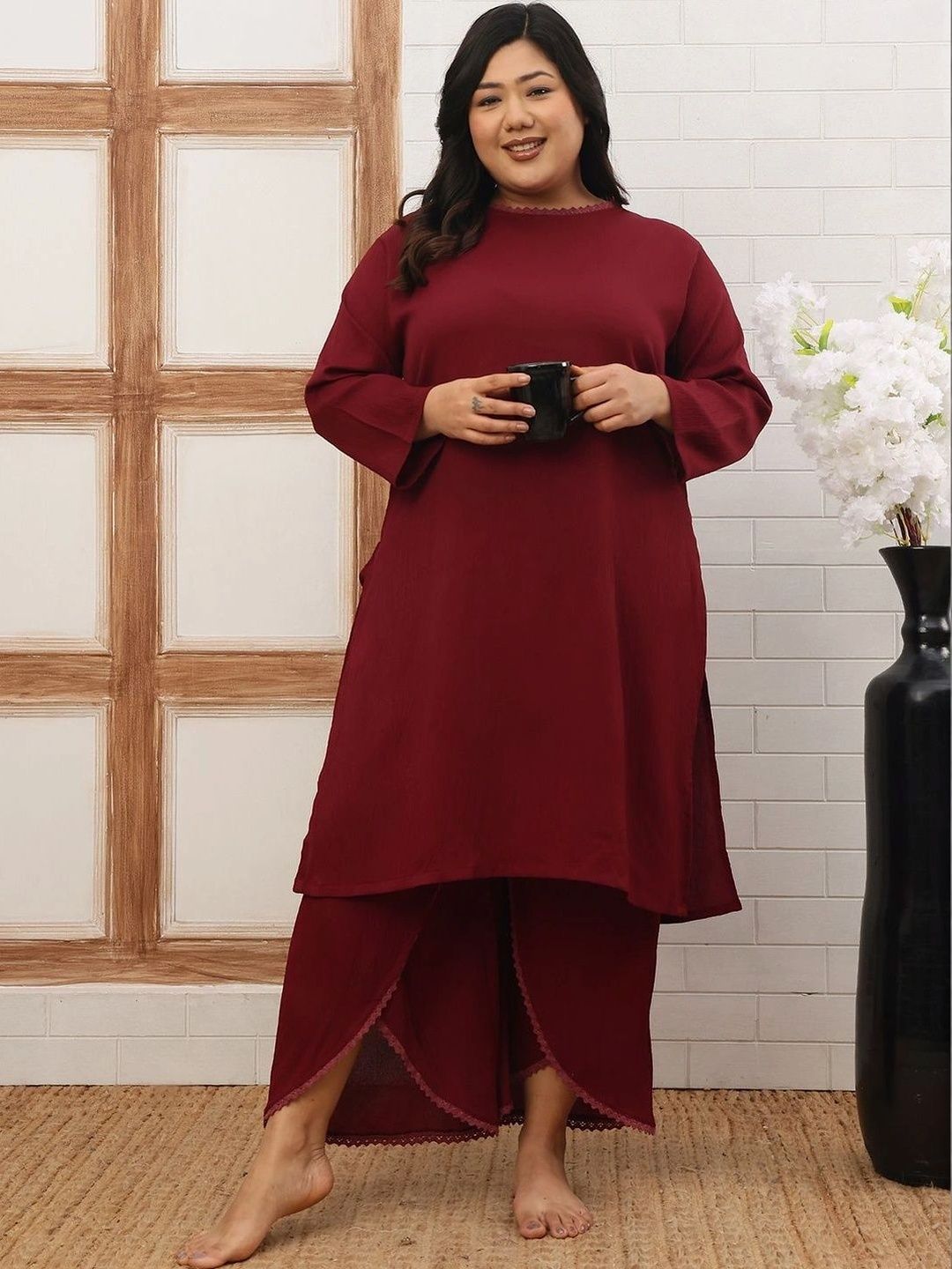 Lace Detail Solid Tunic with Palazzos