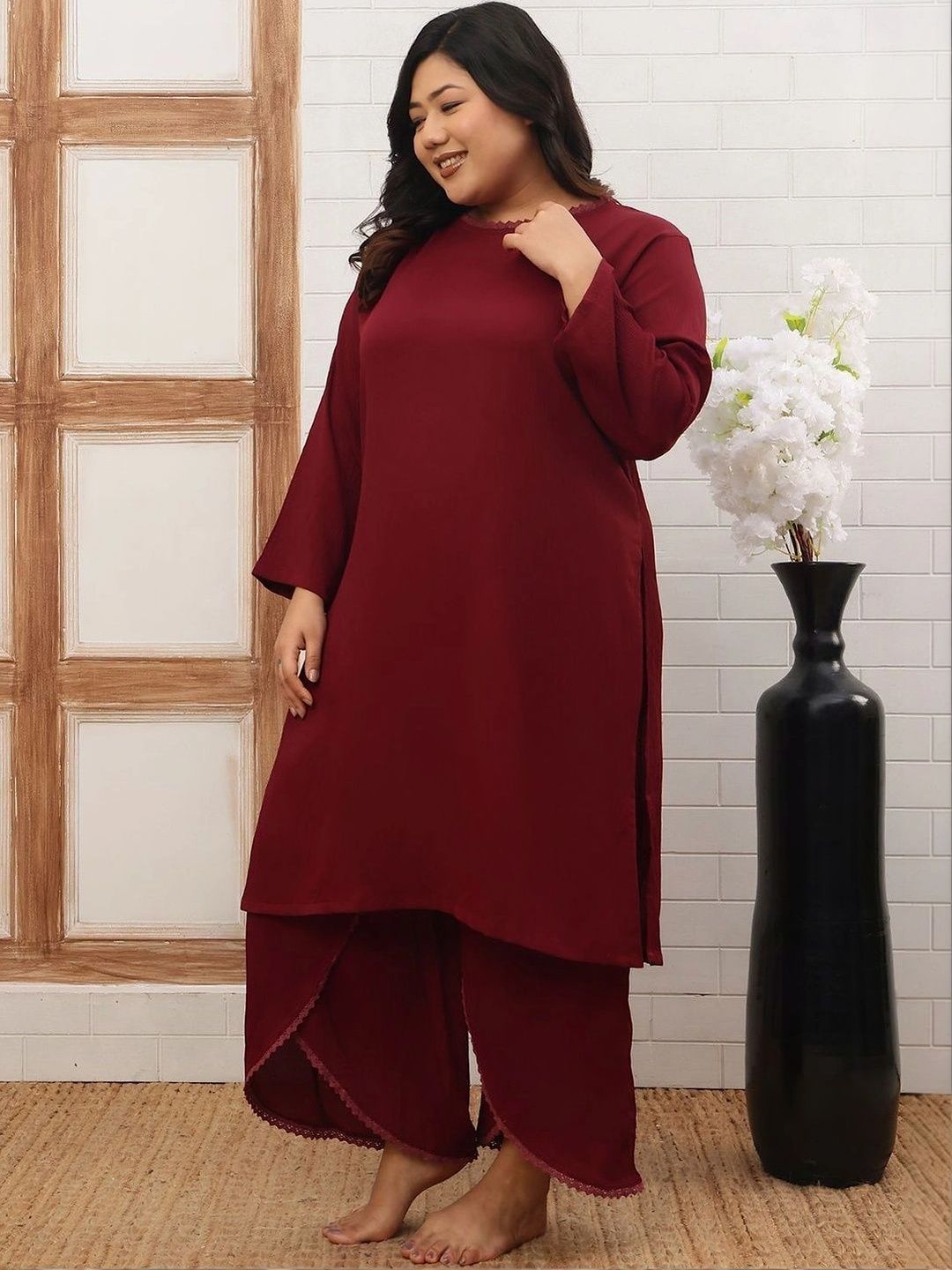 Lace Detail Solid Tunic with Palazzos 3
