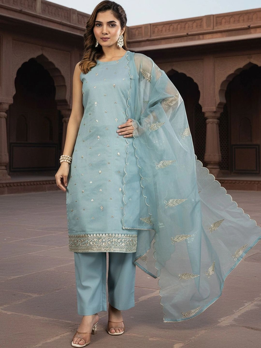 FABIAN FASHION Ethnic Motifs Embroidered Chanderi Cotton Kurta Trousers & Dupatta
