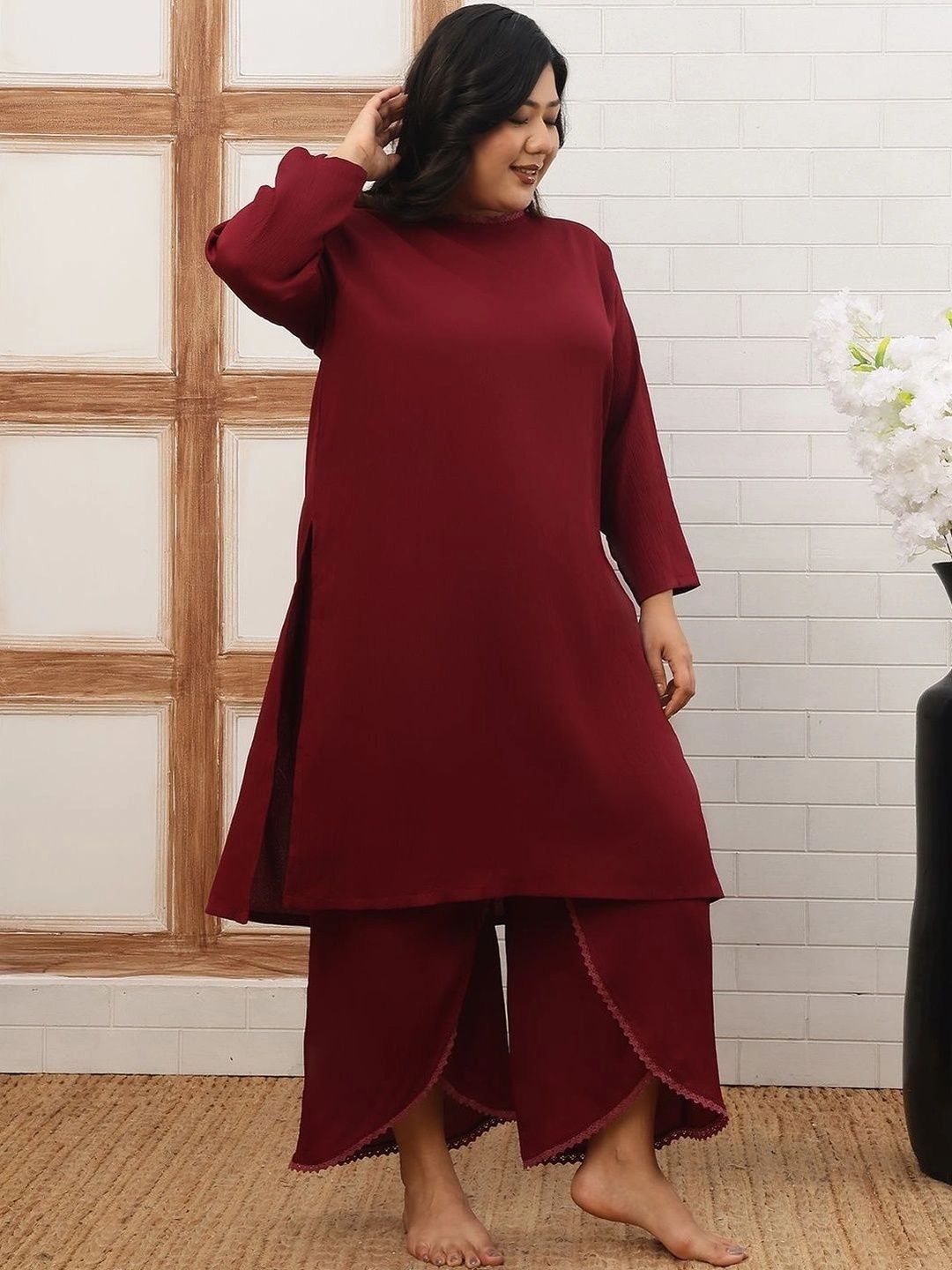 Lace Detail Solid Tunic with Palazzos 2