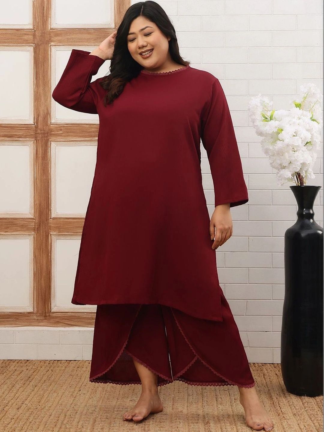 Lace Detail Solid Tunic with Palazzos 4