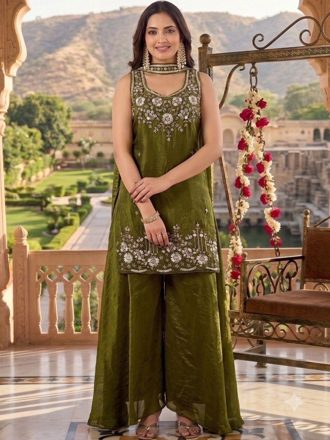 BOUNCER Women Floral Regular Sequinned Pure Silk Kurta with Palazzos & With Dupatta