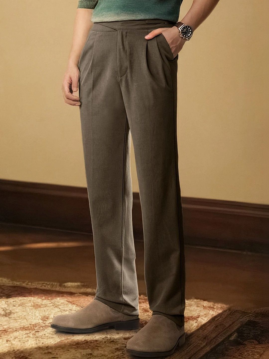 The Souled Store Mens Espresso Brown Straight Fit Super Flex Gurkha Pant