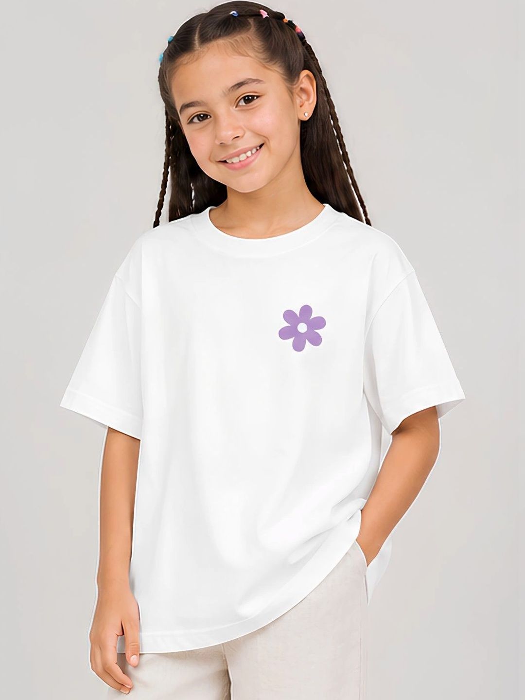 YAK YAK Girls Floral Printed Drop-Shoulder Sleeves T-shirt