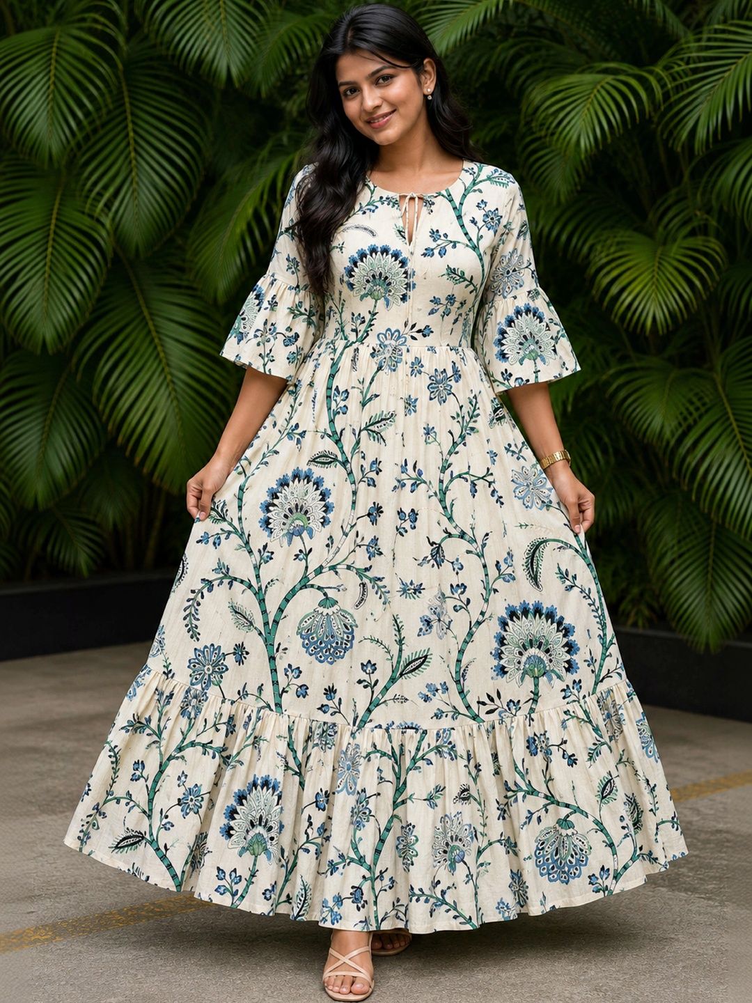 indian rani Floral Print Tie-Up Neck Flared Sleeve Ruffled Maxi Dress