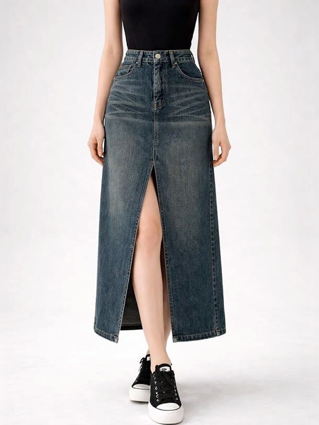 CHALODIA Women Denim Washed Front Slit Midi Straight Skirt