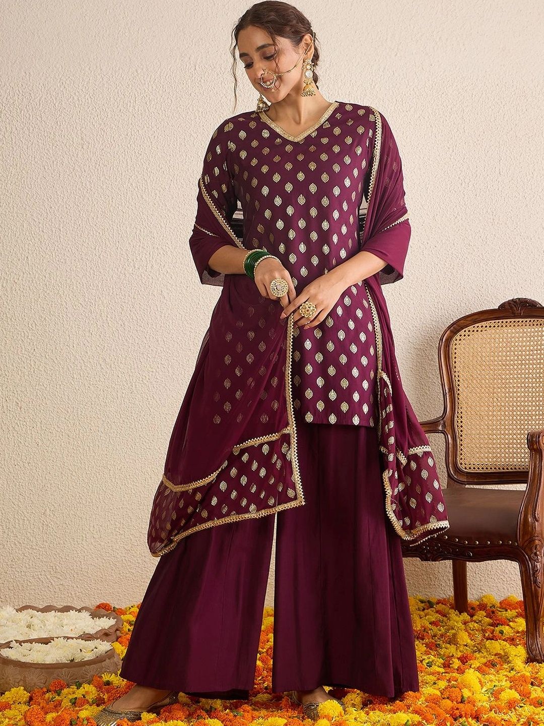Janasya Women Floral Regular Gotta Patti Chanderi Silk Kurta with Sharara & With Dupatta