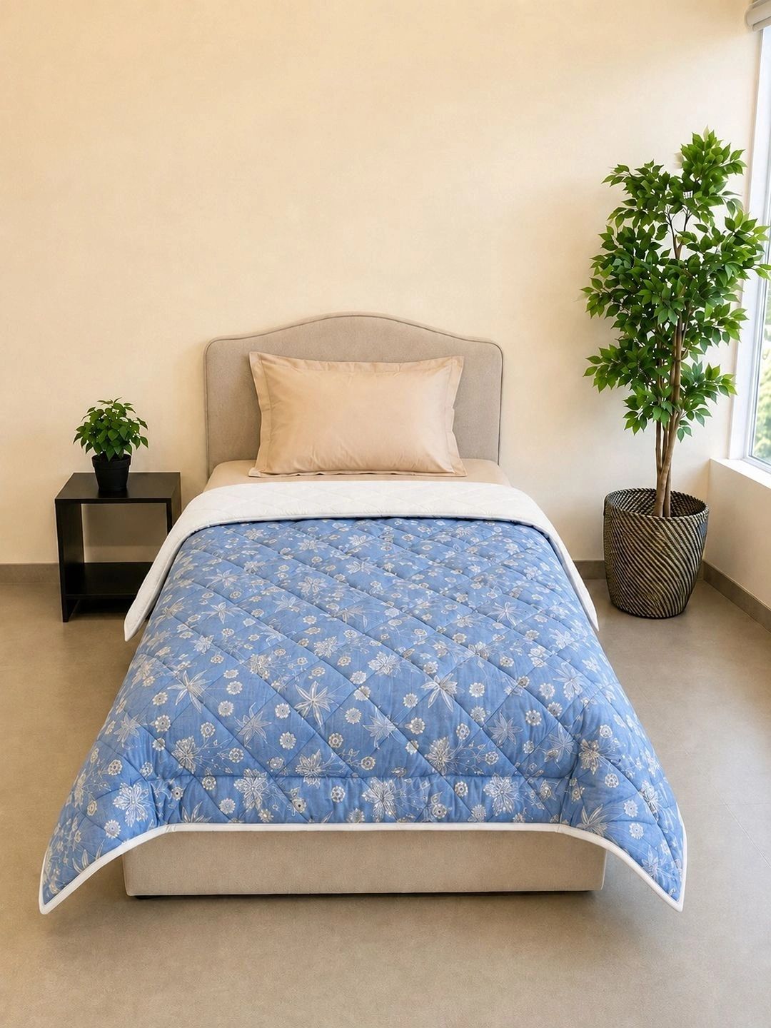Linen Home Nora Floral Blue & Silver Reversible AC Blanket Single Size