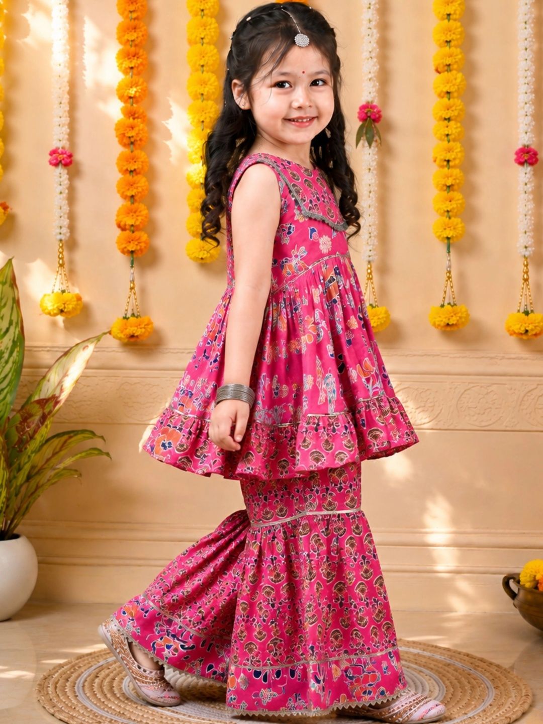 Girls Ethnic Motifs Printed Empire Pure Cotton Kurta with Sharara 2