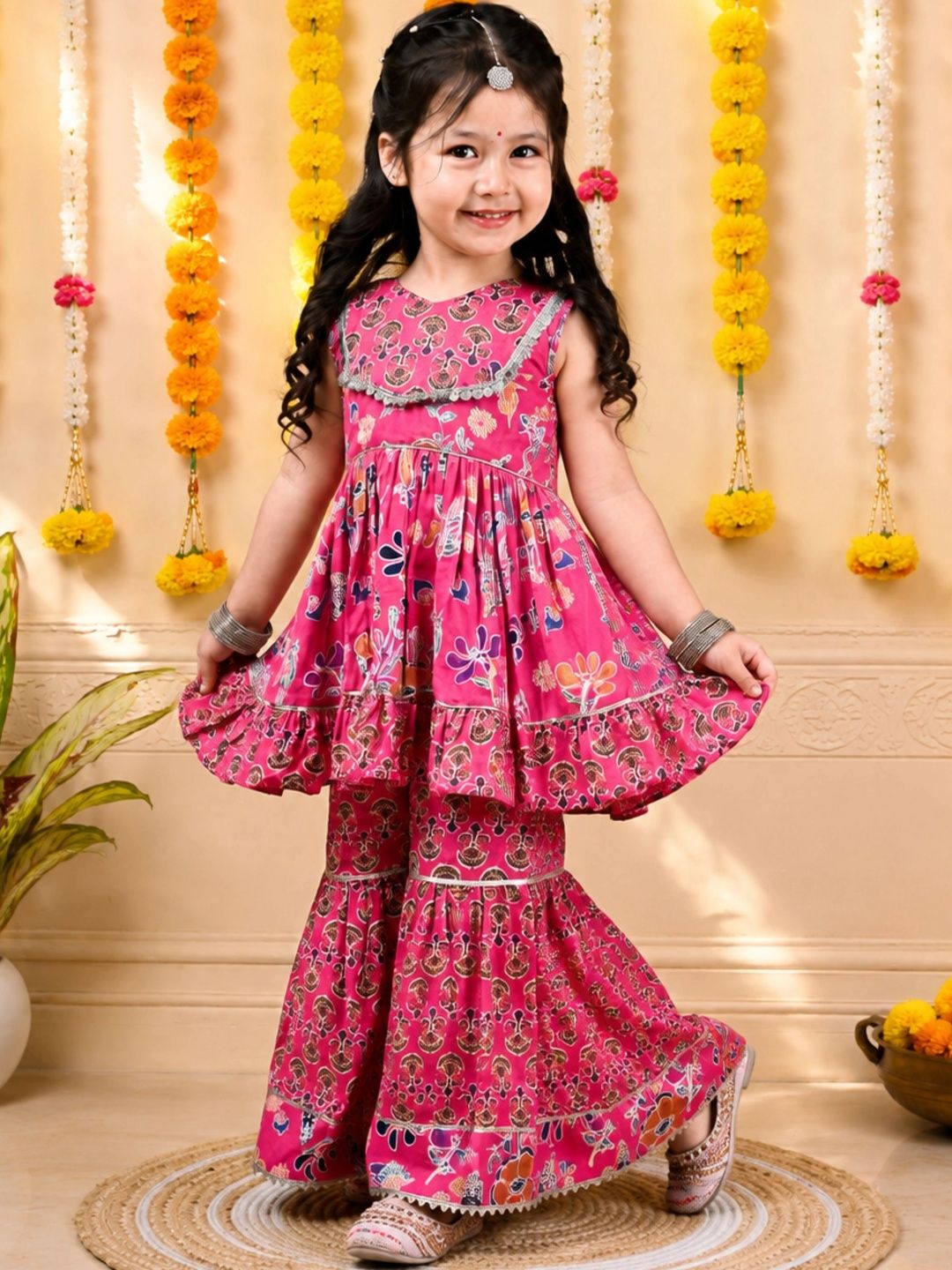 Girls Ethnic Motifs Printed Empire Pure Cotton Kurta with Sharara 3