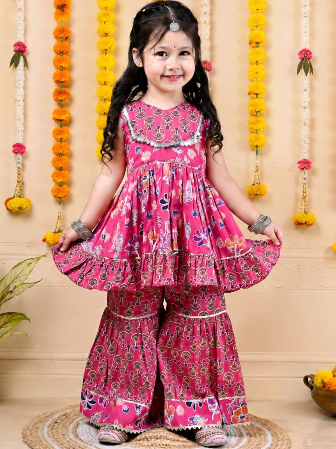 Girls Ethnic Motifs Printed Empire Pure Cotton Kurta with Sharara 6