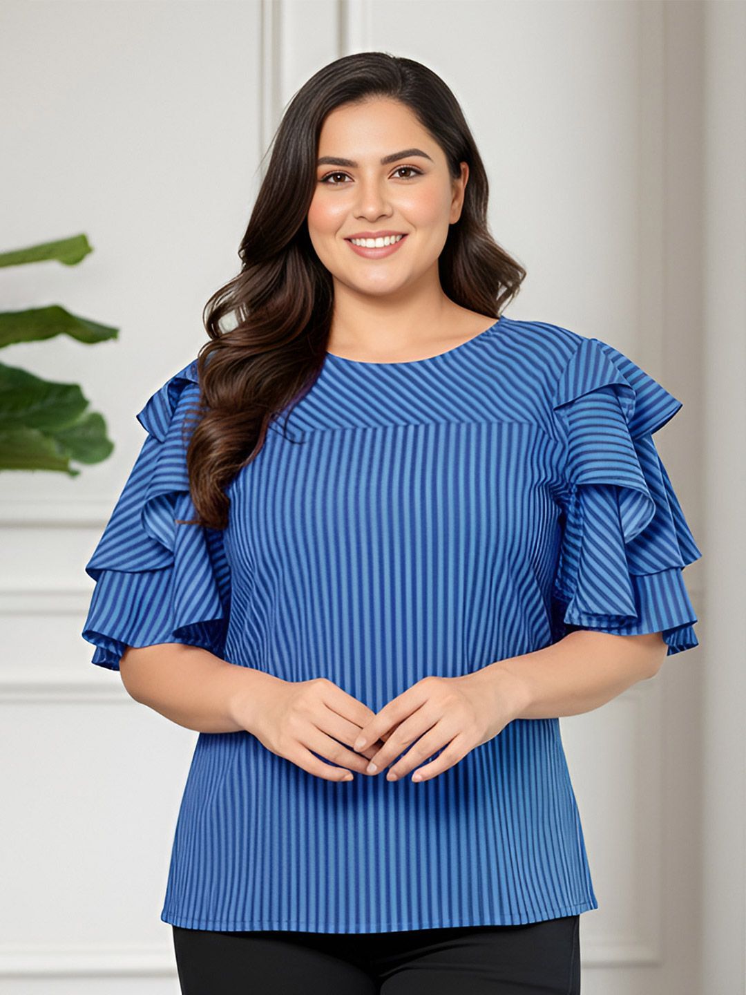 IKRASS Striped Flared Sleeve Ruffles Top