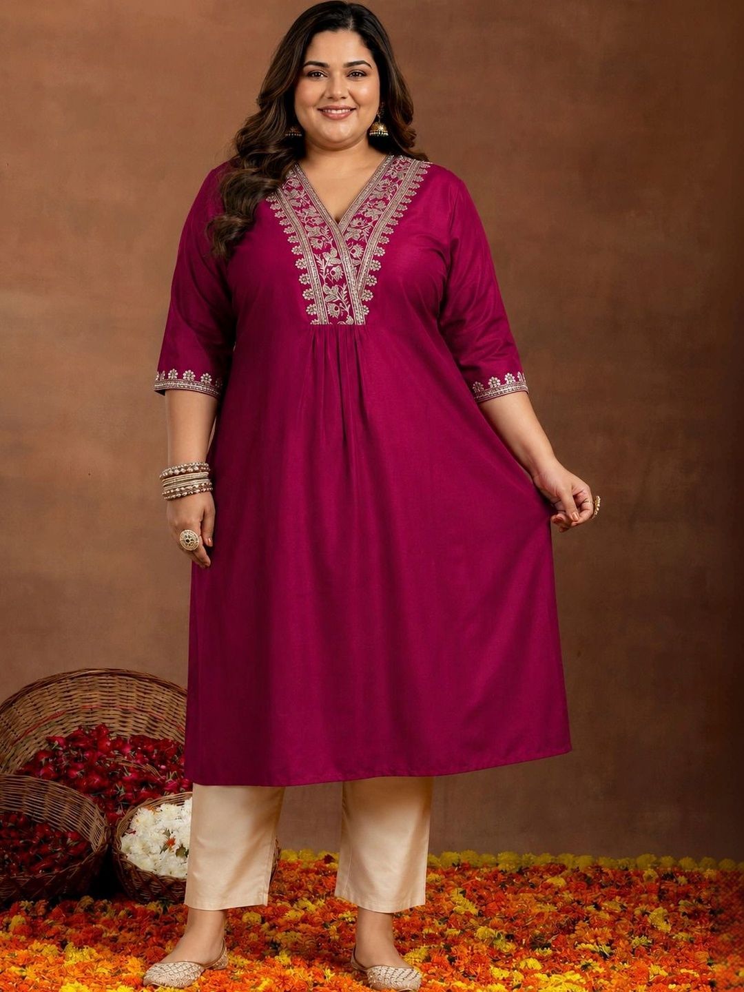 EXTRA LOVE BY LIBAS Plus Size Maroon Yoke Design Silk Straight Kurta