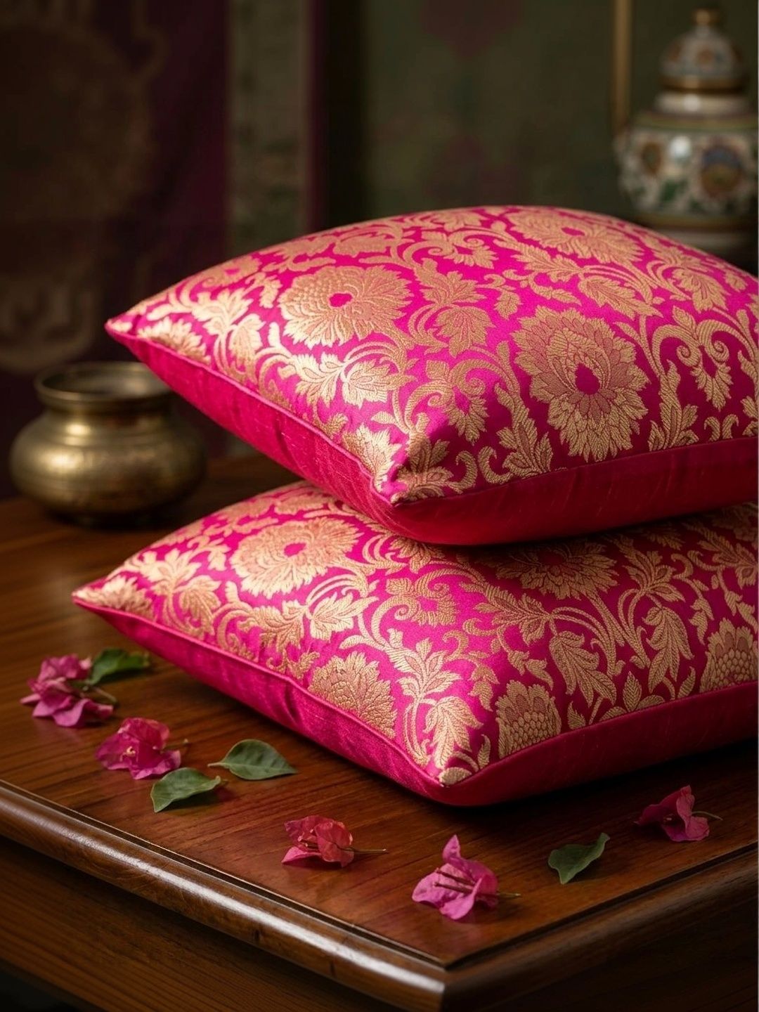 RoyalDeco Pink 2 Pieces Ethnic Motifs Zari Brocade Silk Square Cushion Covers